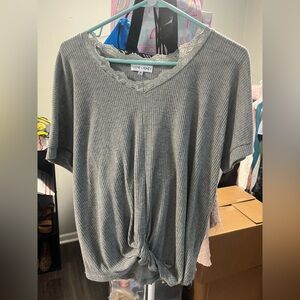 Gray Lace Trim Short Sleeve Top by Pink Rose